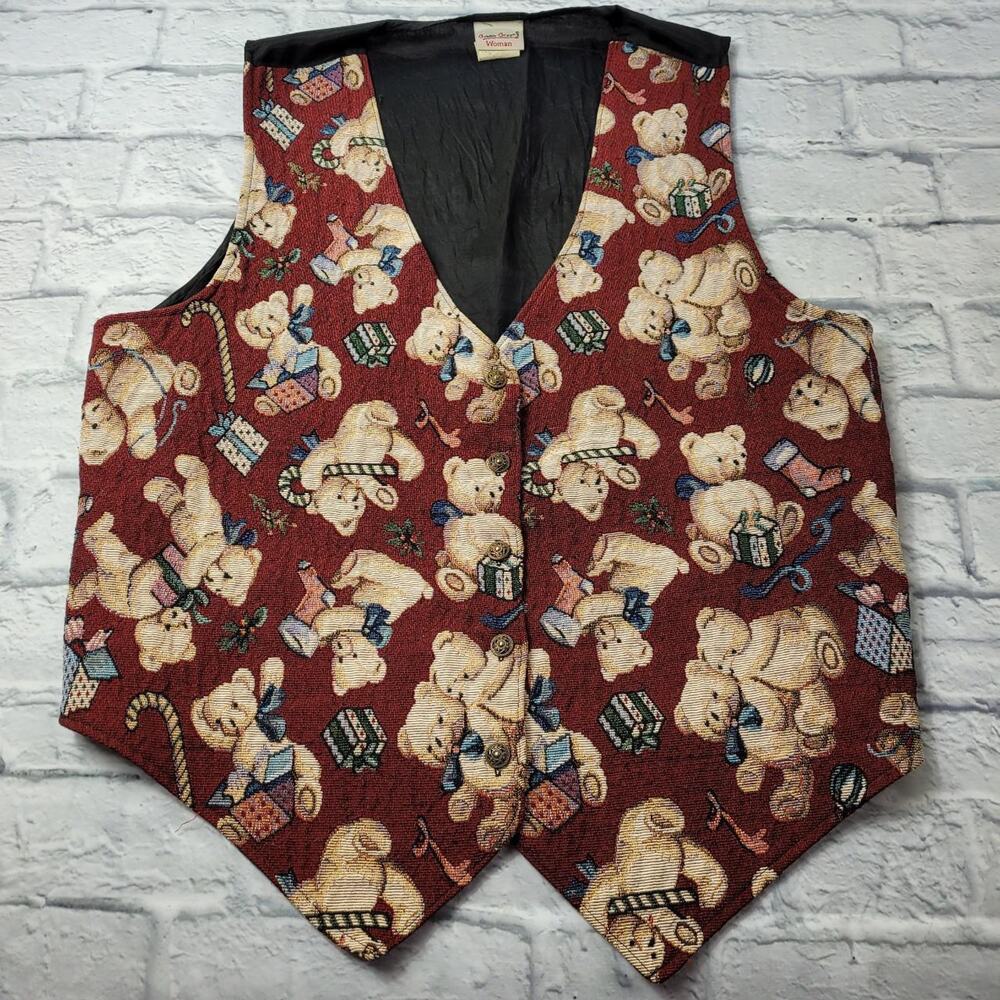 Vintage Tapestry Holiday Teddy Bear Vest by Bobbie Brooks Woman size 18-20